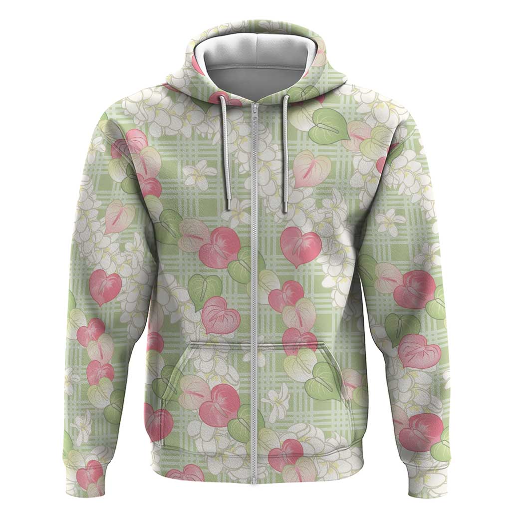Anthurium Plumeria Lei Pastel Zip Hoodie Green Hawaiian Splendid Palaka