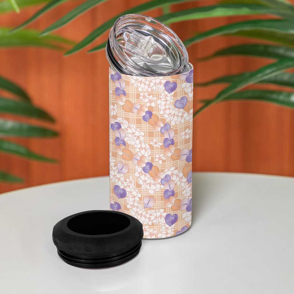 Anthurium Plumeria Lei Pastel 4 in 1 Can Cooler Tumbler Orange Hawaiian Splendid Palaka LT01 - Polynesian Pride