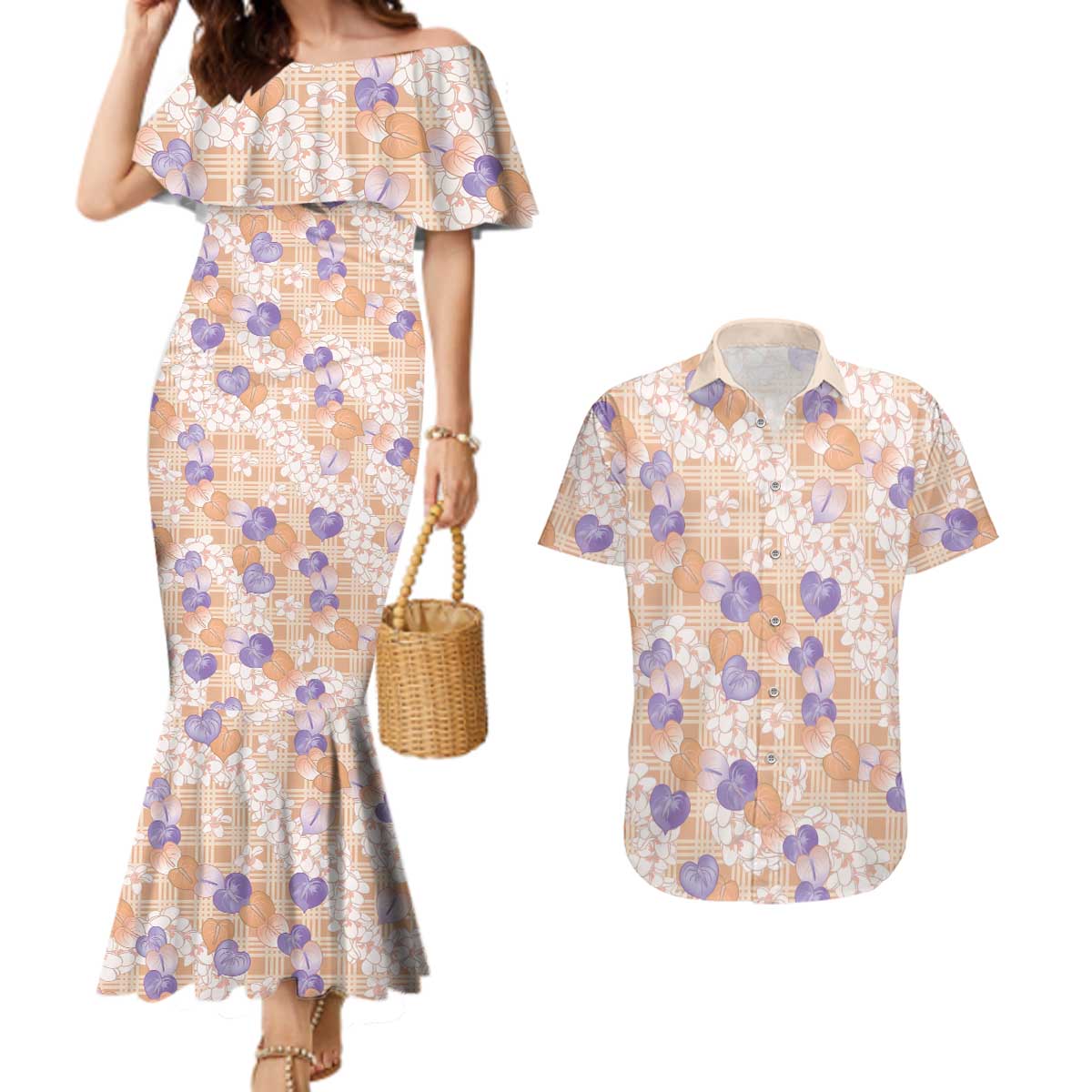 Anthurium Plumeria Lei Pastel Couples Matching Mermaid Dress and Hawaiian Shirt Orange Hawaiian Splendid Palaka LT01 Orange - Polynesian Pride