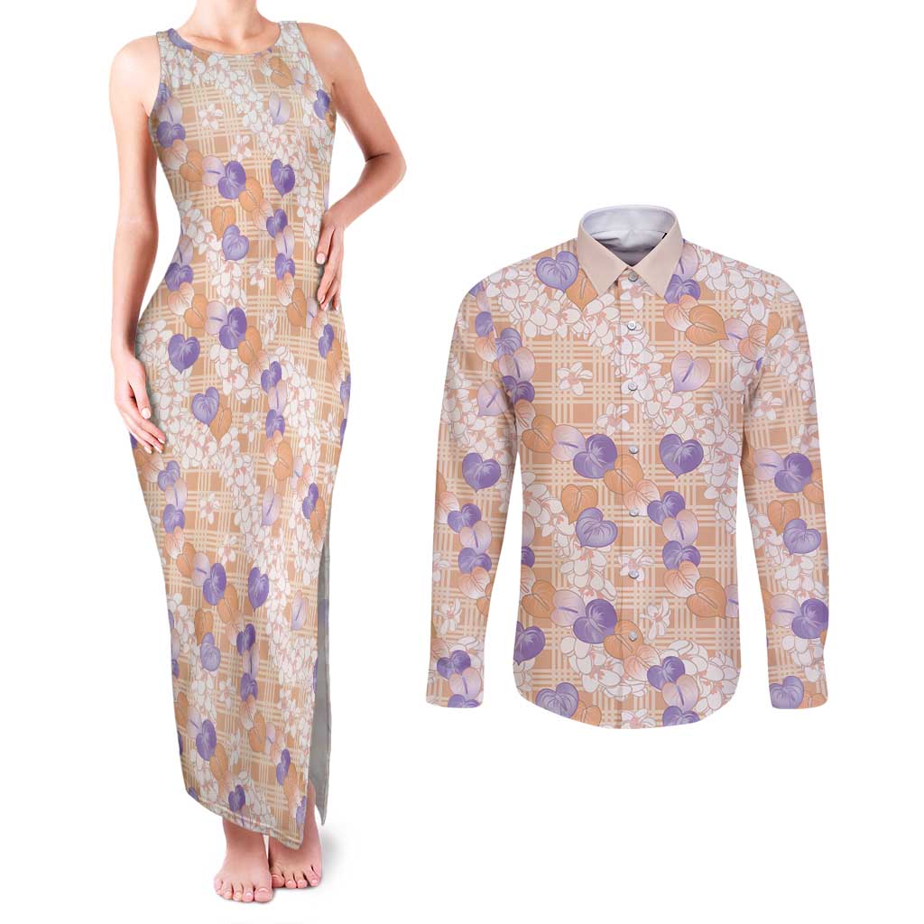 Anthurium Plumeria Lei Pastel Couples Matching Tank Maxi Dress and Long Sleeve Button Shirt Orange Hawaiian Splendid Palaka