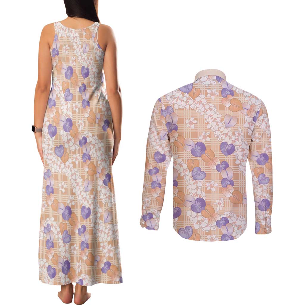 Anthurium Plumeria Lei Pastel Couples Matching Tank Maxi Dress and Long Sleeve Button Shirt Orange Hawaiian Splendid Palaka