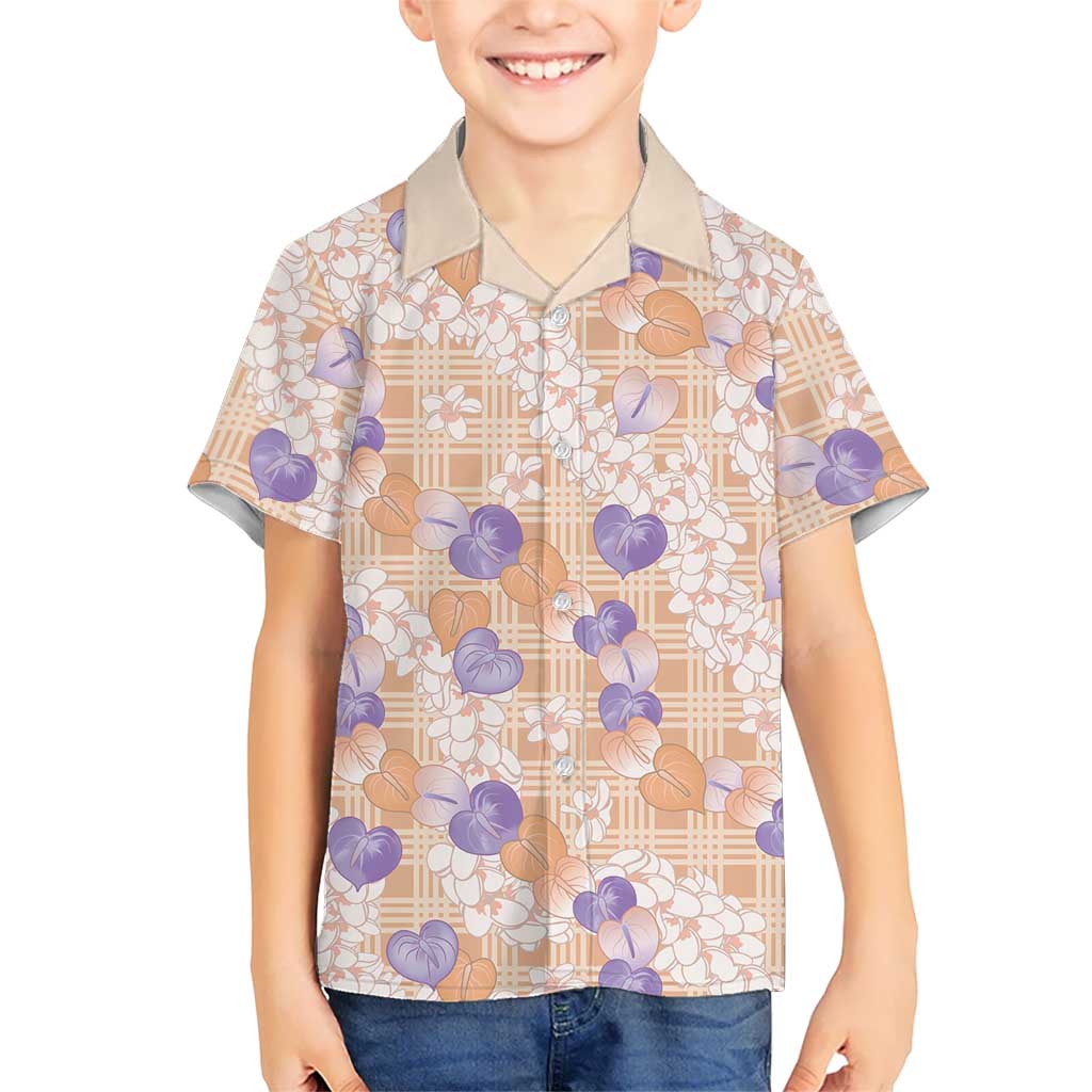 Anthurium Plumeria Lei Pastel Family Matching Off The Shoulder Long Sleeve Dress and Hawaiian Shirt Orange Hawaiian Splendid Palaka LT01 Son's Shirt Orange - Polynesian Pride