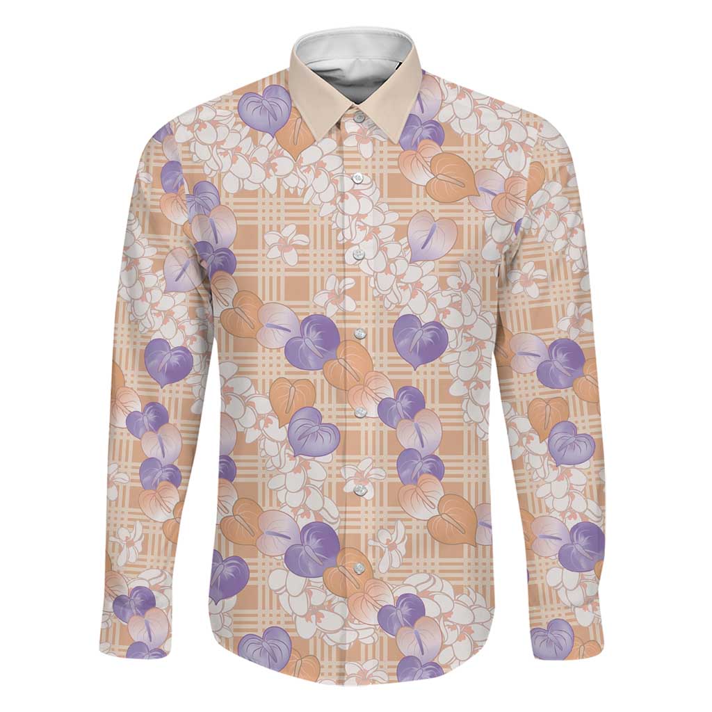 Anthurium Plumeria Lei Pastel Family Matching Off Shoulder Short Dress and Hawaiian Shirt Orange Hawaiian Splendid Palaka LT01 Dad's Shirt - Long Sleeve Orange - Polynesian Pride
