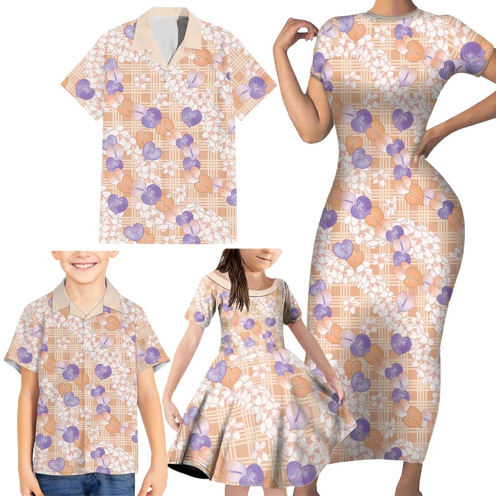 Anthurium Plumeria Lei Pastel Family Matching Short Sleeve Bodycon Dress and Hawaiian Shirt Orange Hawaiian Splendid Palaka LT01 - Polynesian Pride