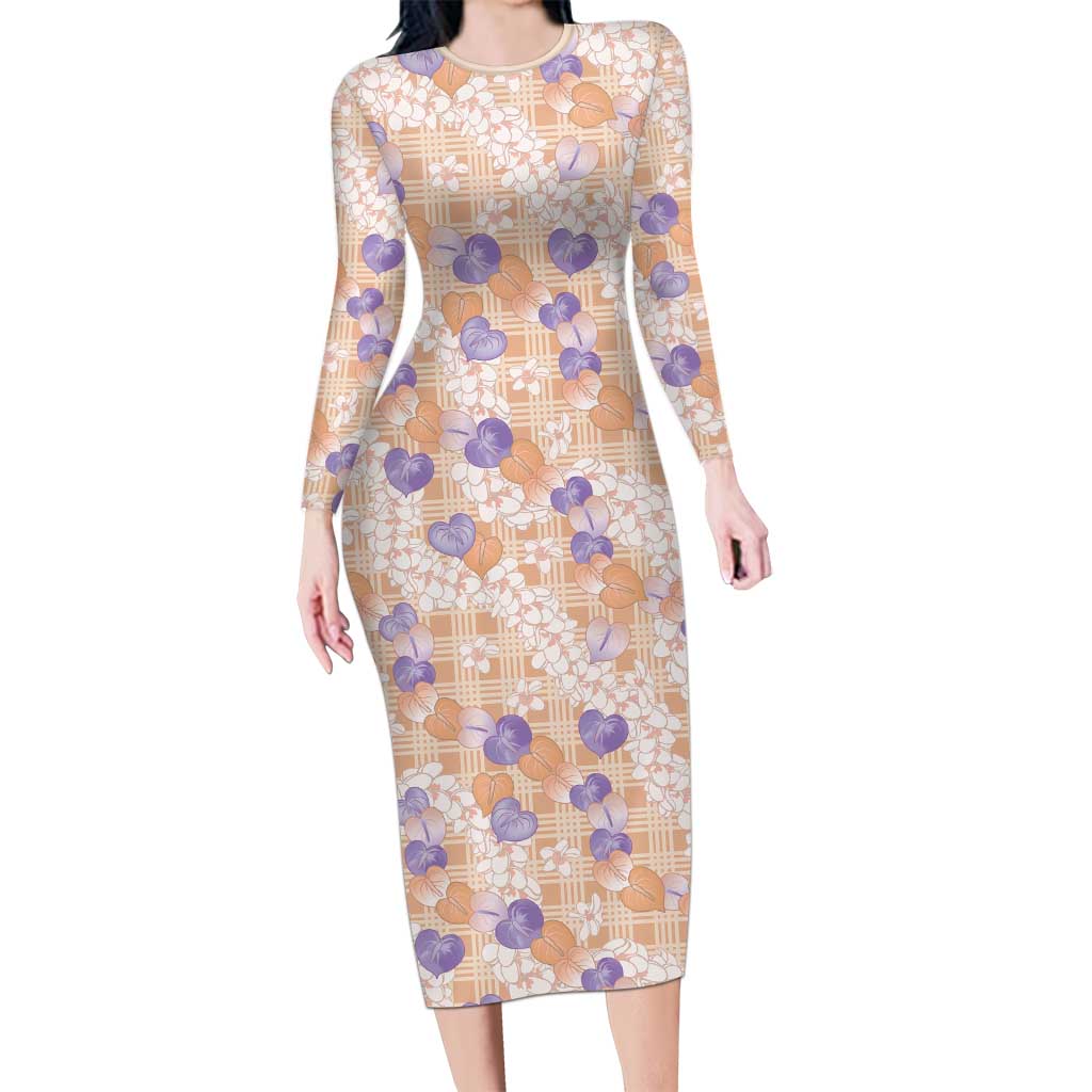 Anthurium Plumeria Lei Pastel Long Sleeve Bodycon Dress Orange Hawaiian Splendid Palaka LT01 Long Dress Orange - Polynesian Pride