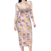 Anthurium Plumeria Lei Pastel Long Sleeve Bodycon Dress Orange Hawaiian Splendid Palaka LT01 Long Dress Orange - Polynesian Pride