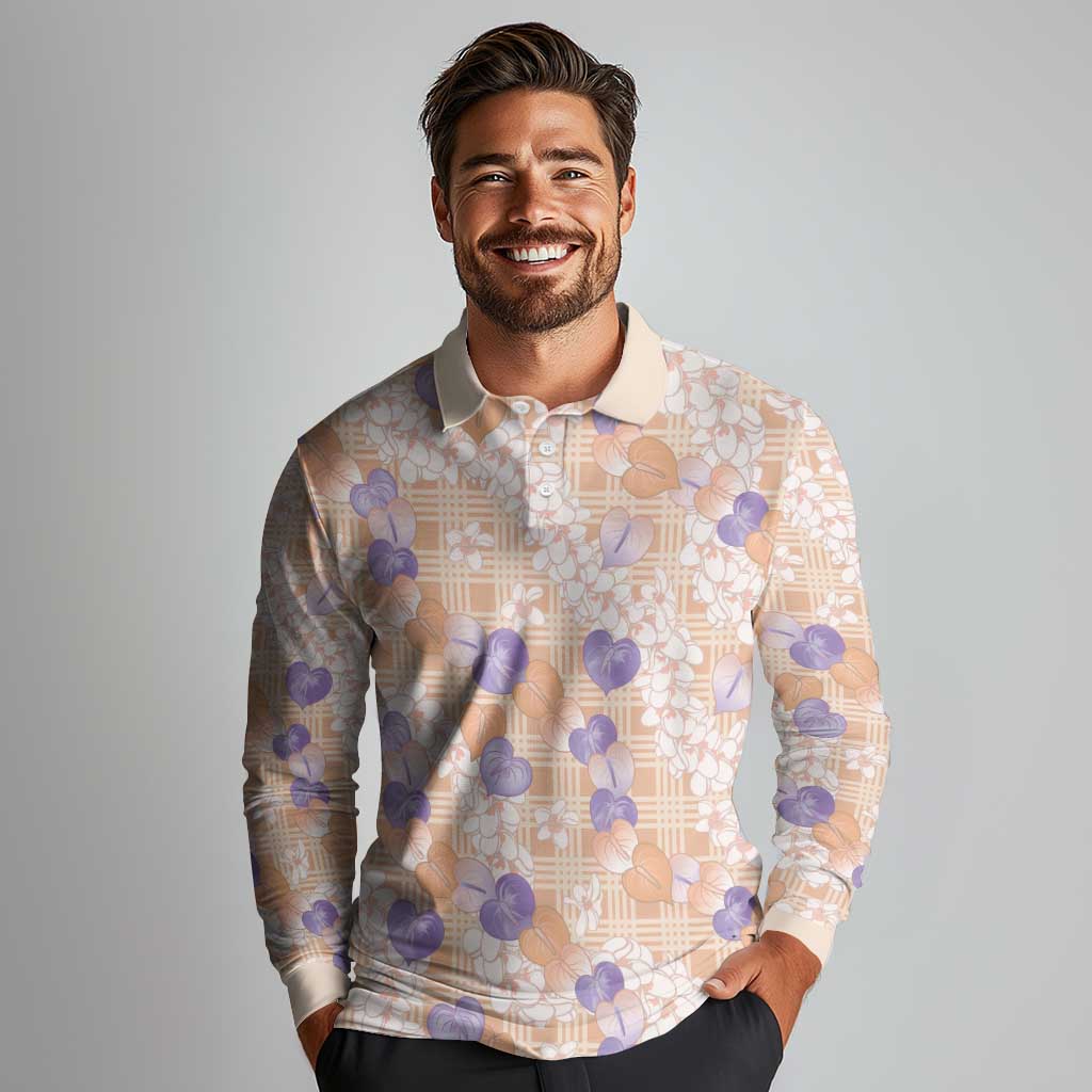 Anthurium Plumeria Lei Pastel Long Sleeve Polo Shirt Orange Hawaiian Splendid Palaka LT01 - Polynesian Pride