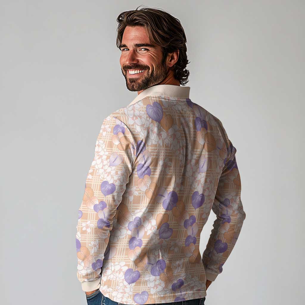 Anthurium Plumeria Lei Pastel Long Sleeve Polo Shirt Orange Hawaiian Splendid Palaka LT01 - Polynesian Pride