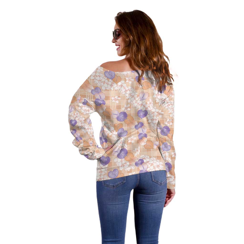 Anthurium Plumeria Lei Pastel Off Shoulder Sweater Orange Hawaiian Splendid Palaka LT01 - Polynesian Pride