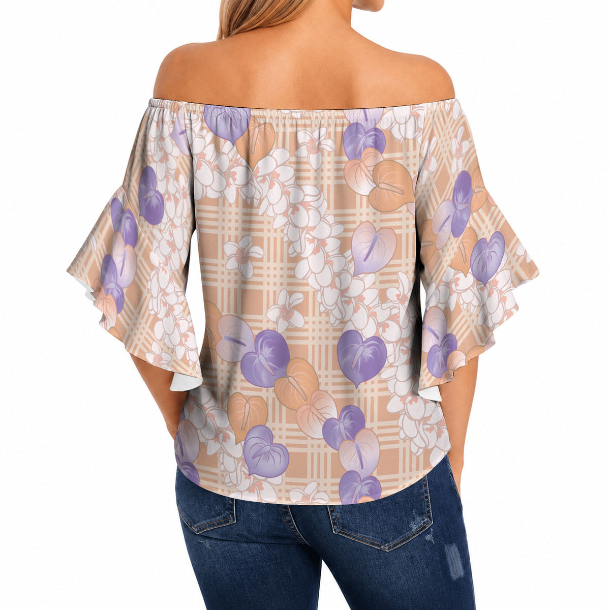 Anthurium Plumeria Lei Pastel Off Shoulder Wrap Waist Top Orange Hawaiian Splendid Palaka LT01 - Polynesian Pride
