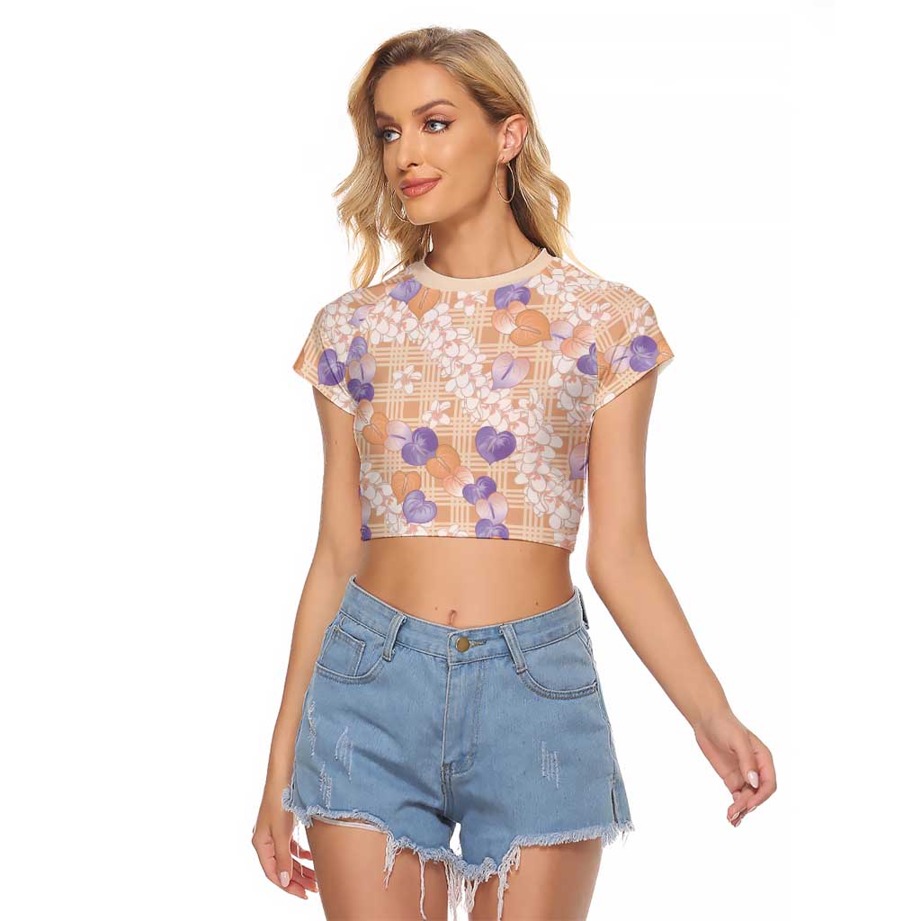 Anthurium Plumeria Lei Pastel Raglan Cropped T Shirt Orange Hawaiian Splendid Palaka LT01 Female Orange - Polynesian Pride