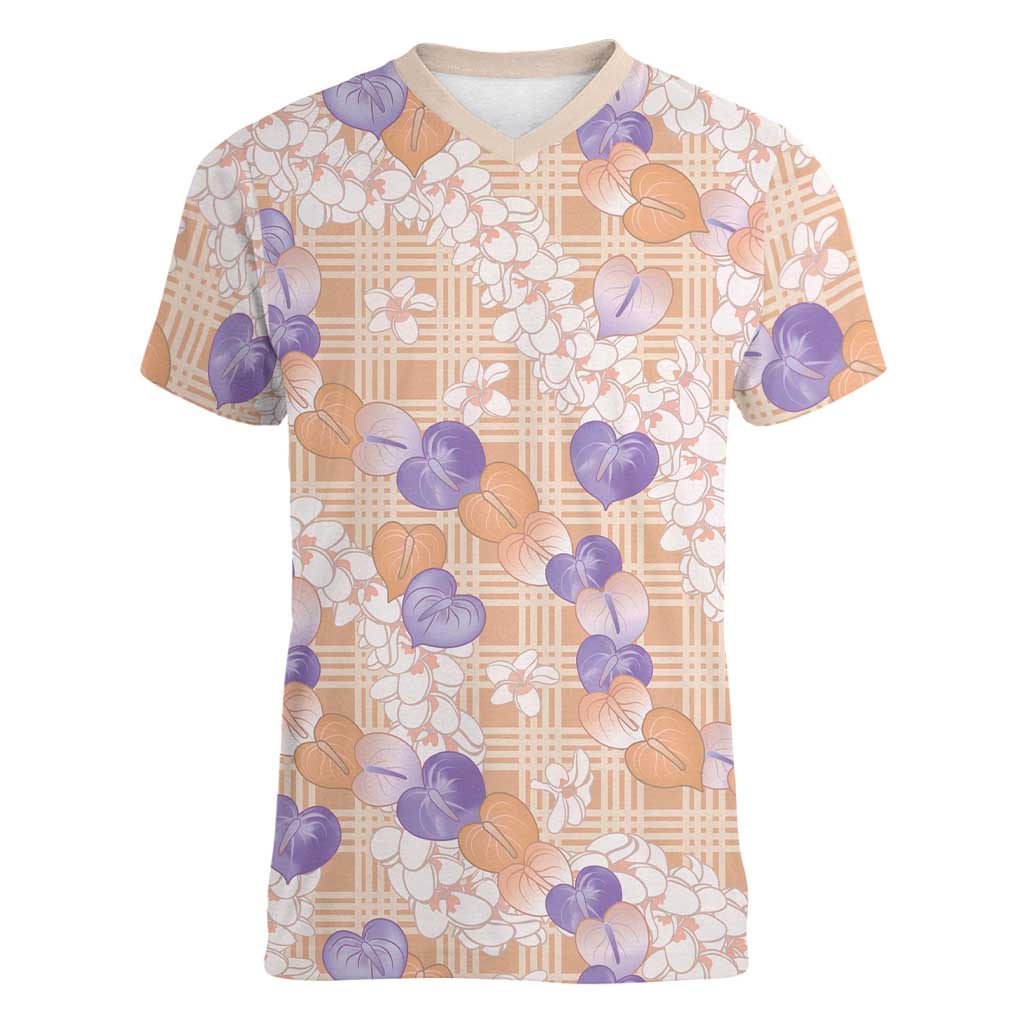 Anthurium Plumeria Lei Pastel Women V-Neck T-Shirt Orange Hawaiian Splendid Palaka
