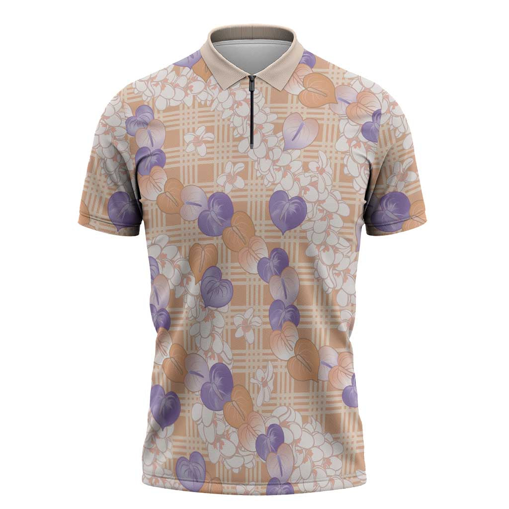 Anthurium Plumeria Lei Pastel Zipper Polo Shirt Orange Hawaiian Splendid Palaka LT01 Orange - Polynesian Pride