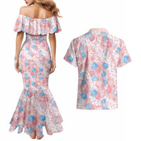 Anthurium Plumeria Lei Pastel Couples Matching Mermaid Dress and Hawaiian Shirt Pink Hawaiian Splendid Palaka