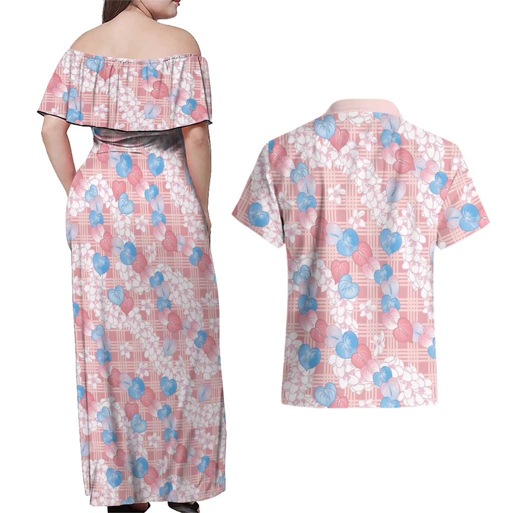Anthurium Plumeria Lei Pastel Couples Matching Off Shoulder Maxi Dress and Hawaiian Shirt Pink Hawaiian Splendid Palaka