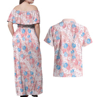 Anthurium Plumeria Lei Pastel Couples Matching Off Shoulder Maxi Dress and Hawaiian Shirt Pink Hawaiian Splendid Palaka