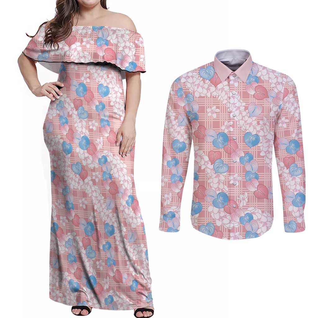 Anthurium Plumeria Lei Pastel Couples Matching Off Shoulder Maxi Dress and Long Sleeve Button Shirt Pink Hawaiian Splendid Palaka LT01 Pink - Polynesian Pride