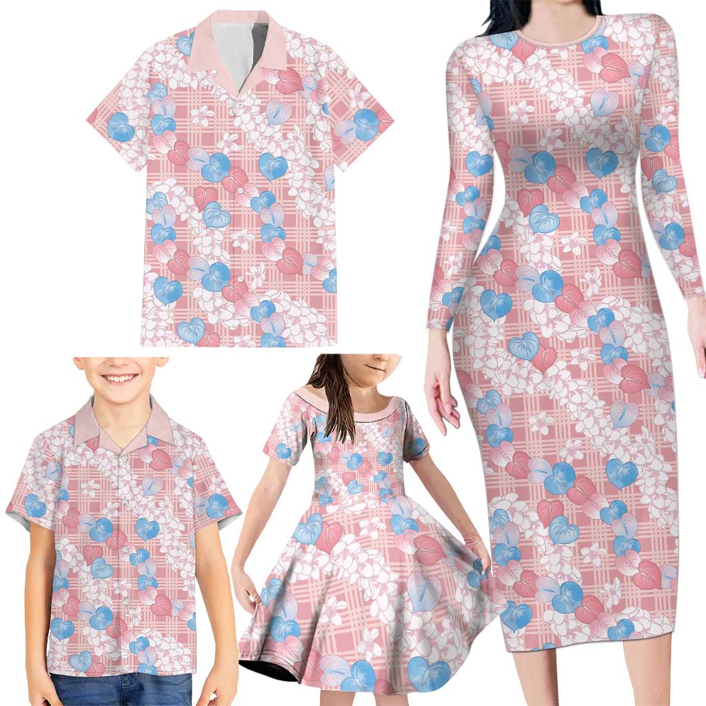 Anthurium Plumeria Lei Pastel Family Matching Long Sleeve Bodycon Dress and Hawaiian Shirt Pink Hawaiian Splendid Palaka