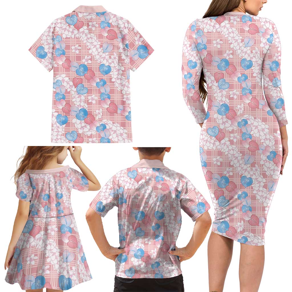 Anthurium Plumeria Lei Pastel Family Matching Long Sleeve Bodycon Dress and Hawaiian Shirt Pink Hawaiian Splendid Palaka