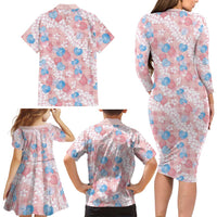 Anthurium Plumeria Lei Pastel Family Matching Long Sleeve Bodycon Dress and Hawaiian Shirt Pink Hawaiian Splendid Palaka