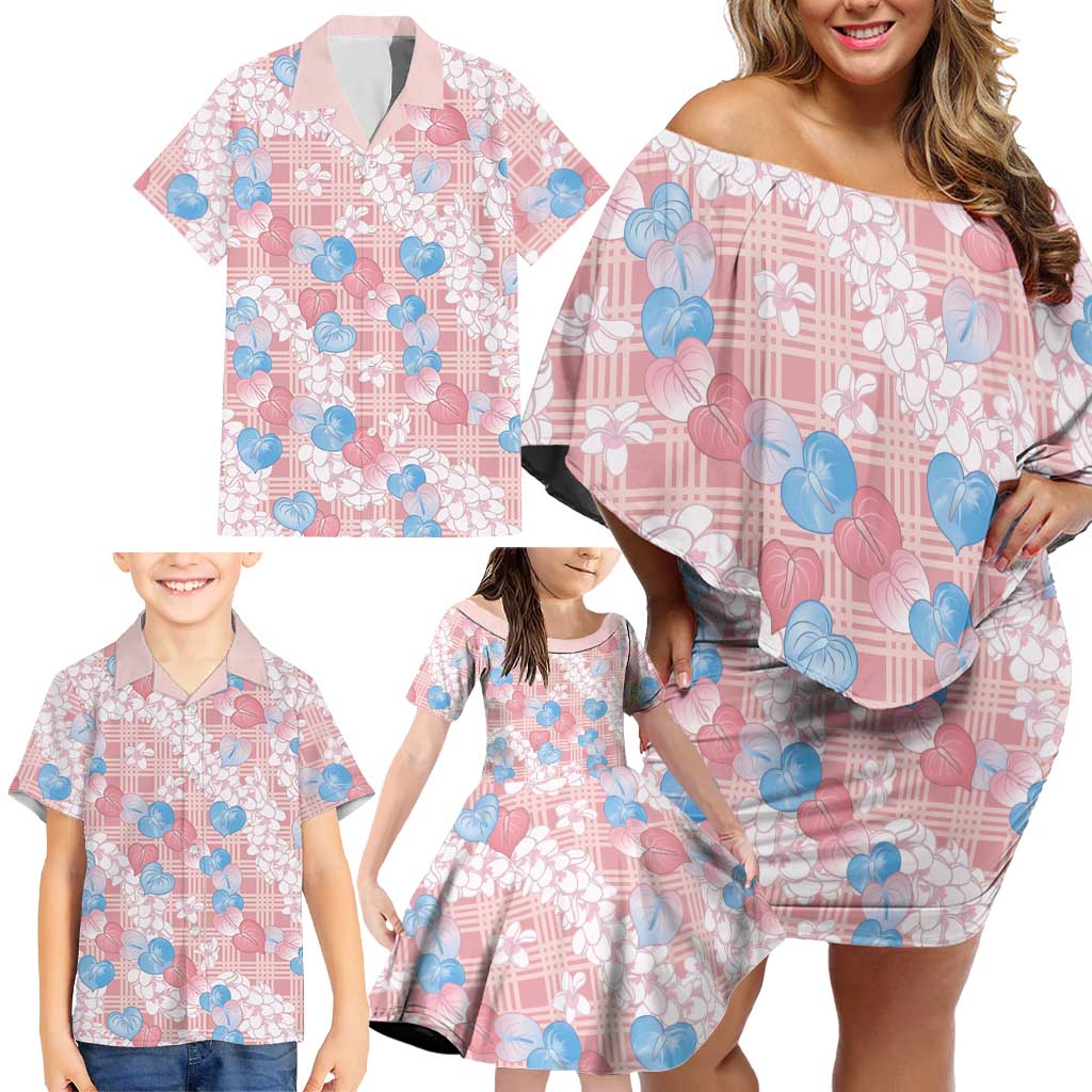 Anthurium Plumeria Lei Pastel Family Matching Off Shoulder Short Dress and Hawaiian Shirt Pink Hawaiian Splendid Palaka