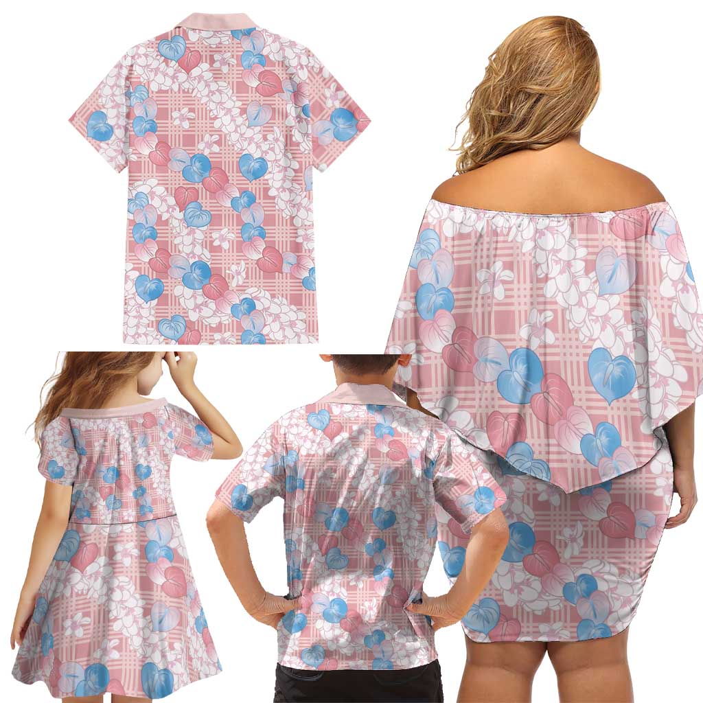 Anthurium Plumeria Lei Pastel Family Matching Off Shoulder Short Dress and Hawaiian Shirt Pink Hawaiian Splendid Palaka