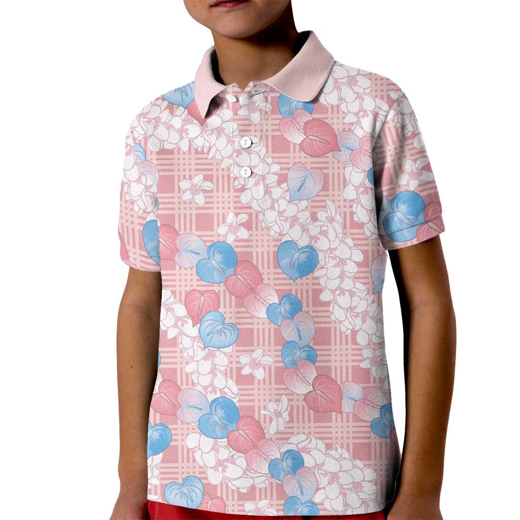 Anthurium Plumeria Lei Pastel Kid Polo Shirt Pink Hawaiian Splendid Palaka LT01 Kid Pink - Polynesian Pride