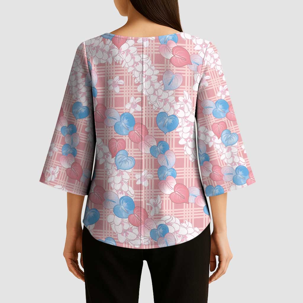 Anthurium Plumeria Lei Pastel Kimono Sleeve Blouse Pink Hawaiian Splendid Palaka