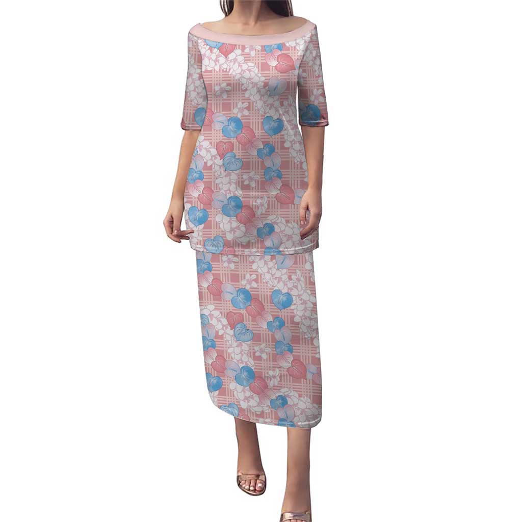 Anthurium Plumeria Lei Pastel Puletasi Pink Hawaiian Splendid Palaka LT01 Long Dress Pink - Polynesian Pride
