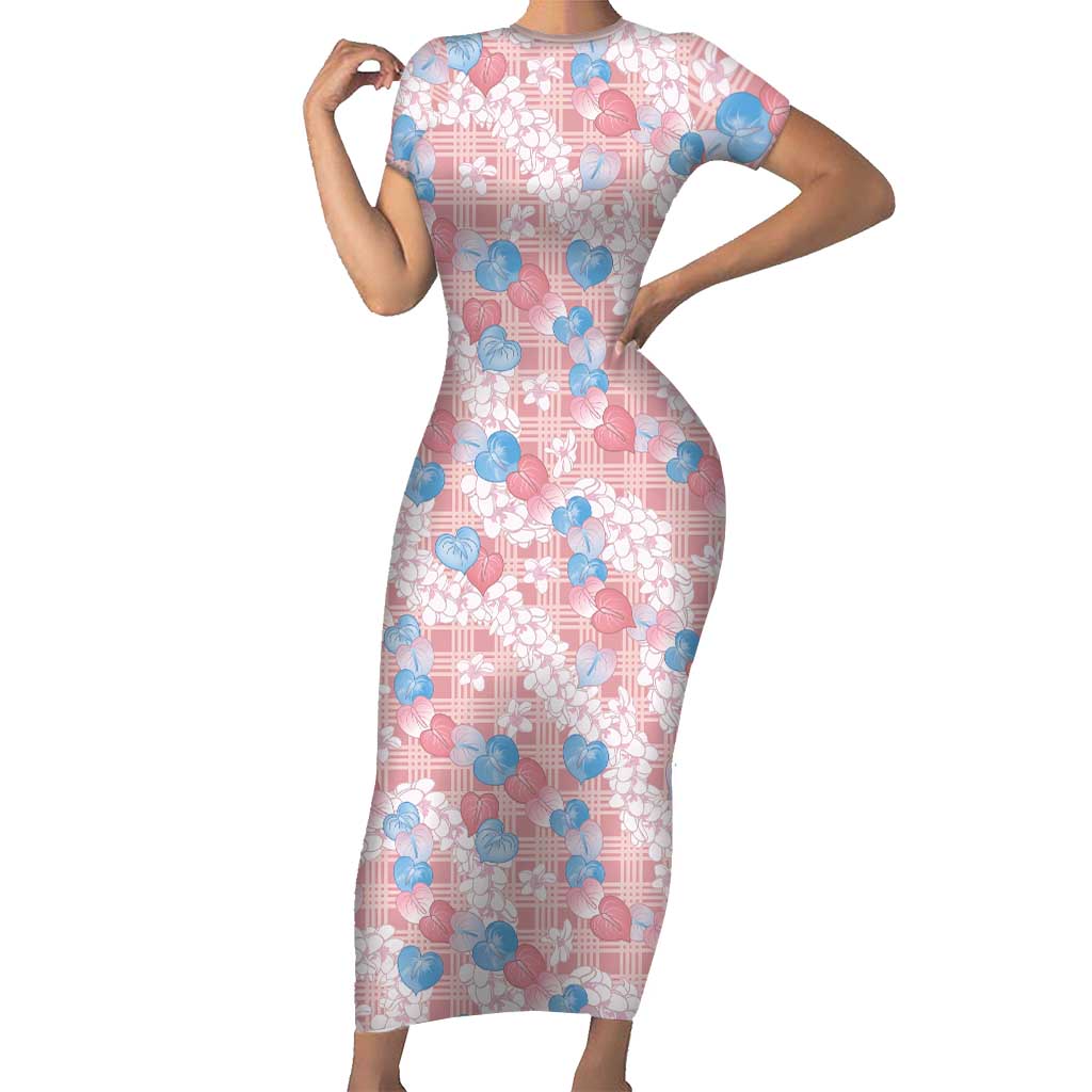 Anthurium Plumeria Lei Pastel Short Sleeve Bodycon Dress Pink Hawaiian Splendid Palaka