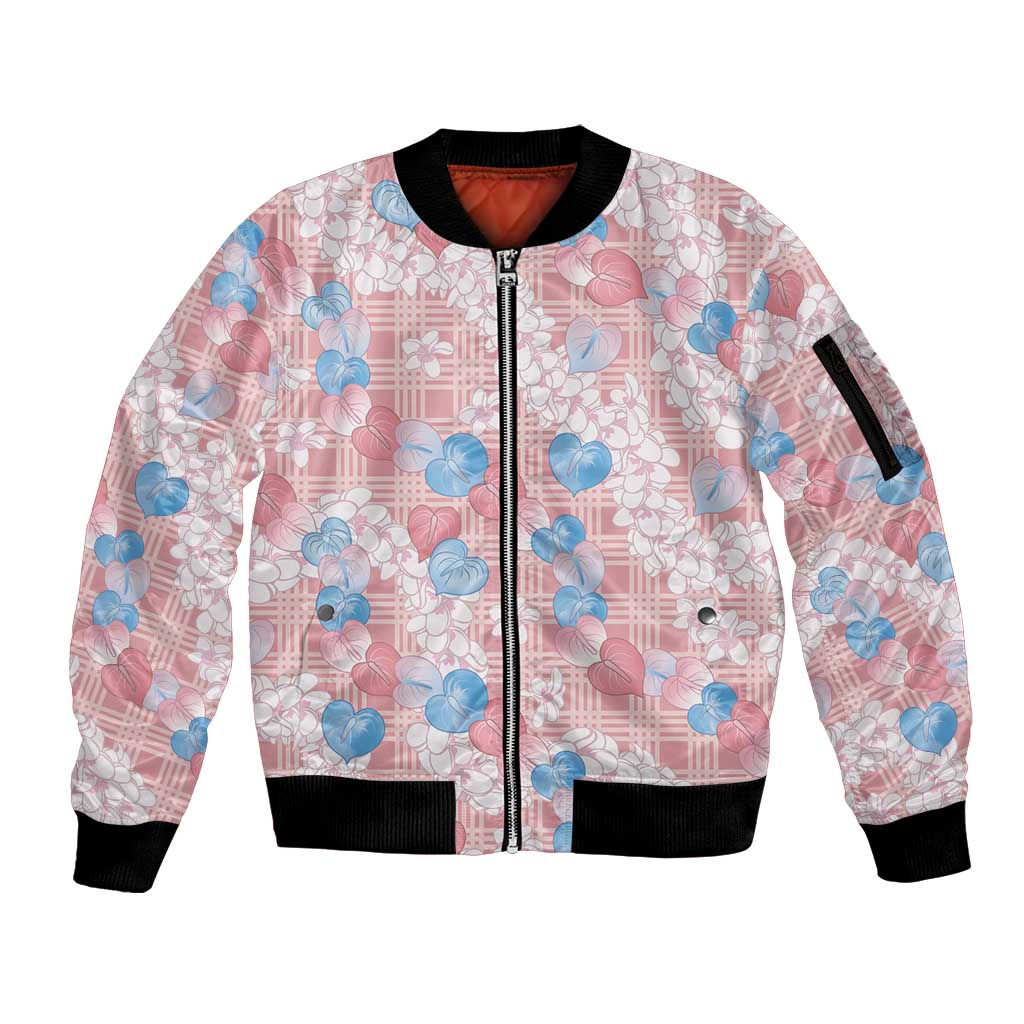 Anthurium Plumeria Lei Pastel Sleeve Zip Bomber Jacket Pink Hawaiian Splendid Palaka LT01 Unisex Pink - Polynesian Pride