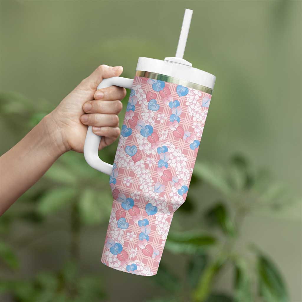 Anthurium Plumeria Lei Pastel Tumbler With Handle Pink Hawaiian Splendid Palaka LT01 - Polynesian Pride