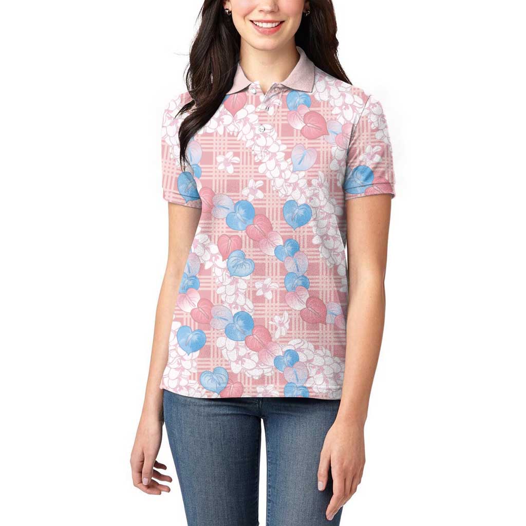 Anthurium Plumeria Lei Pastel Women Polo Shirt Pink Hawaiian Splendid Palaka