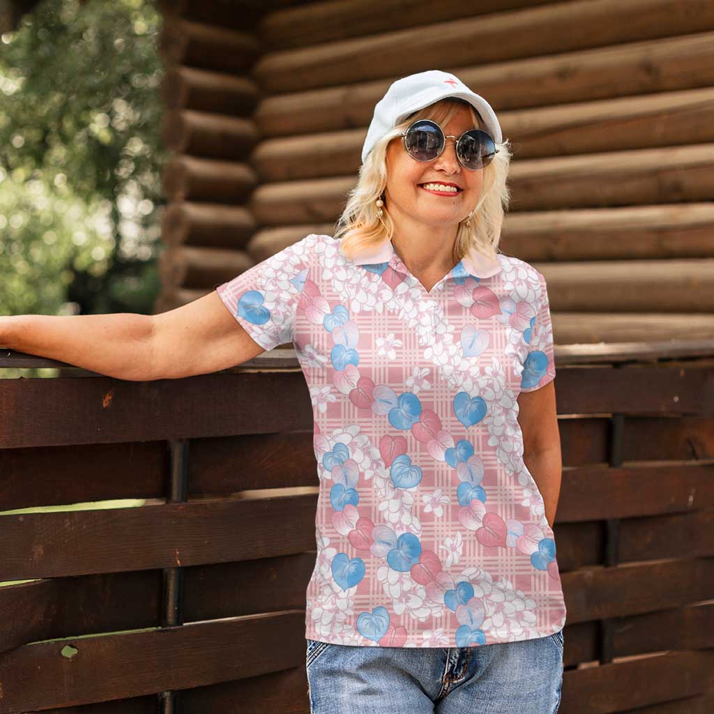 Anthurium Plumeria Lei Pastel Women Polo Shirt Pink Hawaiian Splendid Palaka