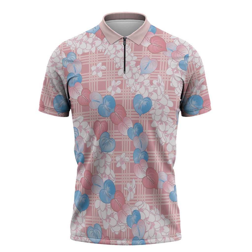 Anthurium Plumeria Lei Pastel Zipper Polo Shirt Pink Hawaiian Splendid Palaka LT01 Pink - Polynesian Pride