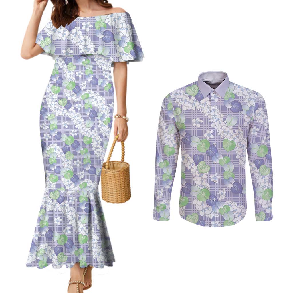 Anthurium Plumeria Lei Pastel Couples Matching Mermaid Dress and Long Sleeve Button Shirt Purple Hawaiian Splendid Palaka LT01 Purple - Polynesian Pride