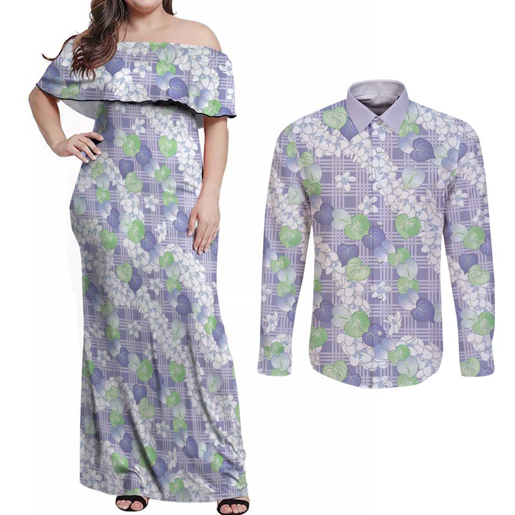 Anthurium Plumeria Lei Pastel Couples Matching Off Shoulder Maxi Dress and Long Sleeve Button Shirt Purple Hawaiian Splendid Palaka LT01 Purple - Polynesian Pride
