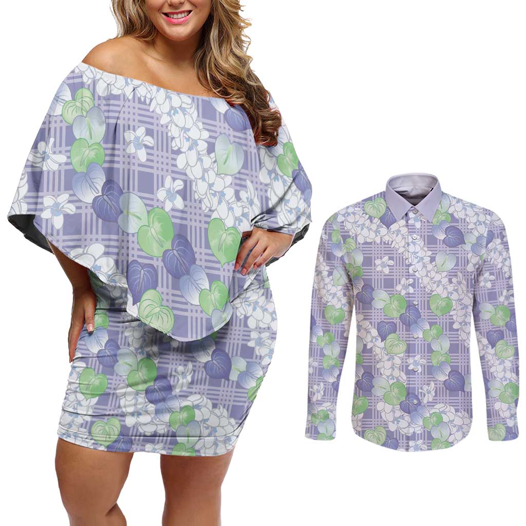 Anthurium Plumeria Lei Pastel Couples Matching Off Shoulder Short Dress and Long Sleeve Button Shirt Purple Hawaiian Splendid Palaka LT01 Purple - Polynesian Pride