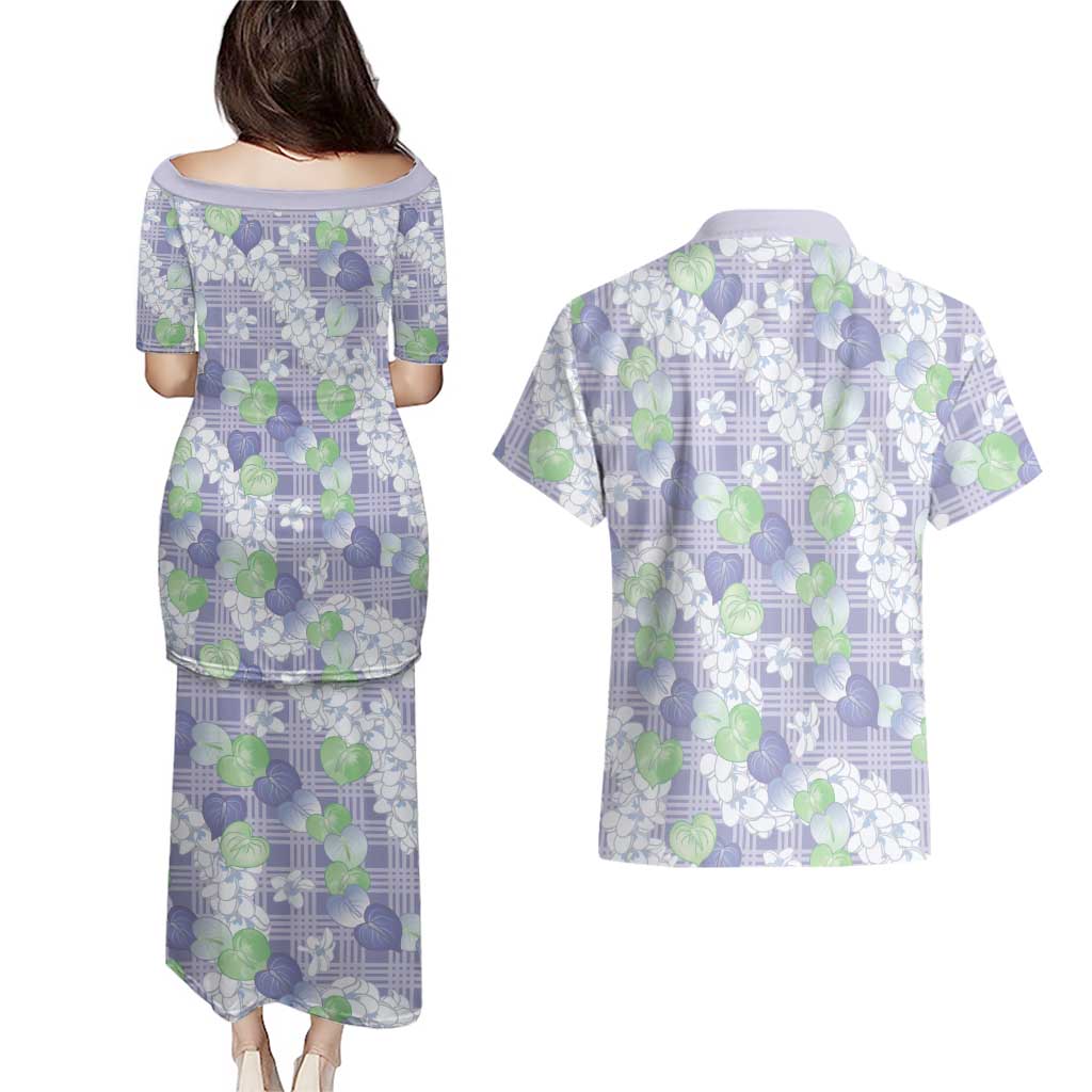 Anthurium Plumeria Lei Pastel Couples Matching Puletasi and Hawaiian Shirt Purple Hawaiian Splendid Palaka