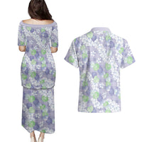 Anthurium Plumeria Lei Pastel Couples Matching Puletasi and Hawaiian Shirt Purple Hawaiian Splendid Palaka