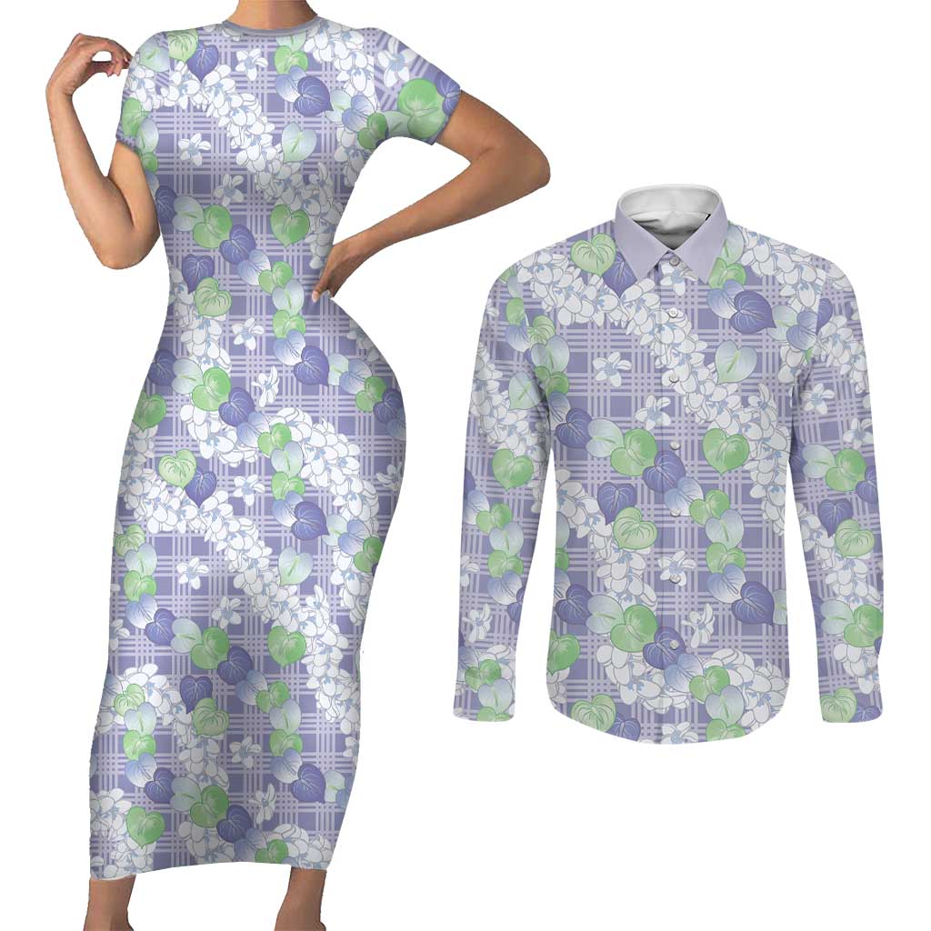Anthurium Plumeria Lei Pastel Couples Matching Short Sleeve Bodycon Dress and Long Sleeve Button Shirt Purple Hawaiian Splendid Palaka