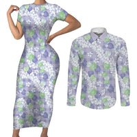 Anthurium Plumeria Lei Pastel Couples Matching Short Sleeve Bodycon Dress and Long Sleeve Button Shirt Purple Hawaiian Splendid Palaka