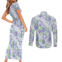 Anthurium Plumeria Lei Pastel Couples Matching Short Sleeve Bodycon Dress and Long Sleeve Button Shirt Purple Hawaiian Splendid Palaka
