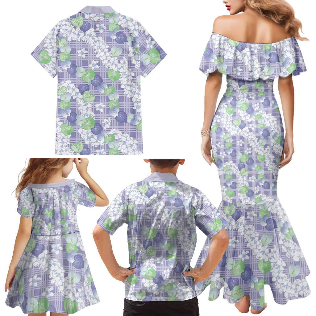 Anthurium Plumeria Lei Pastel Family Matching Mermaid Dress and Hawaiian Shirt Purple Hawaiian Splendid Palaka