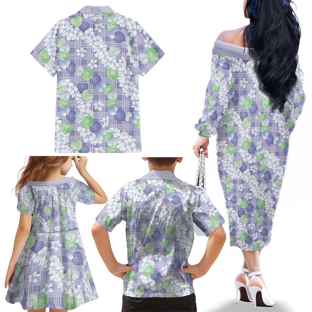 Anthurium Plumeria Lei Pastel Family Matching Off The Shoulder Long Sleeve Dress and Hawaiian Shirt Purple Hawaiian Splendid Palaka