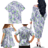 Anthurium Plumeria Lei Pastel Family Matching Off The Shoulder Long Sleeve Dress and Hawaiian Shirt Purple Hawaiian Splendid Palaka