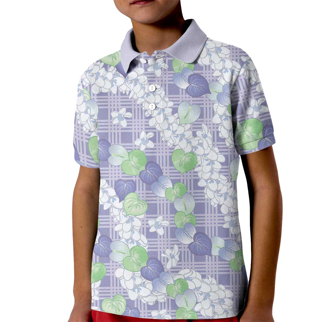 Anthurium Plumeria Lei Pastel Kid Polo Shirt Purple Hawaiian Splendid Palaka LT01 Kid Purple - Polynesian Pride