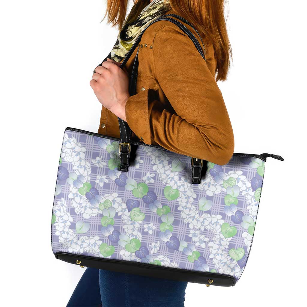 Anthurium Plumeria Lei Pastel Leather Tote Bag Purple Hawaiian Splendid Palaka LT01 Purple - Polynesian Pride