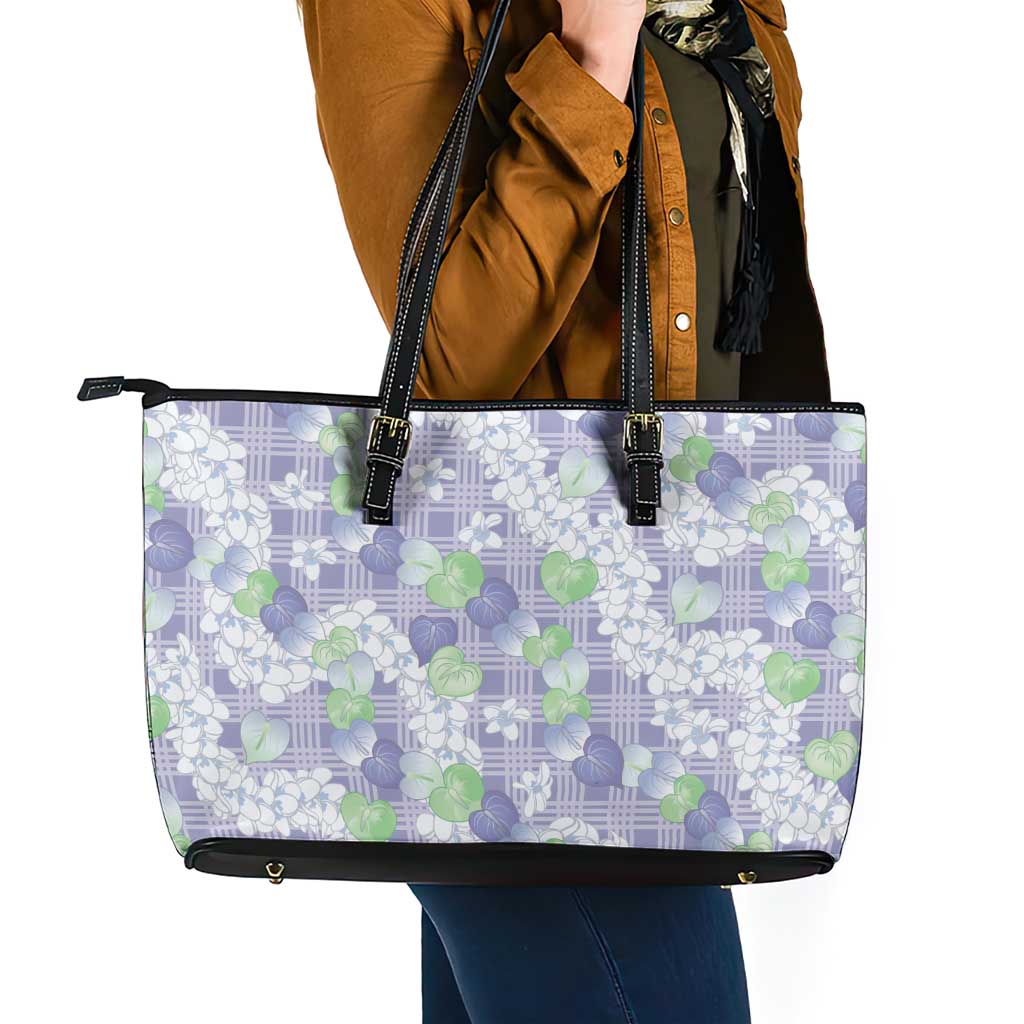 Anthurium Plumeria Lei Pastel Leather Tote Bag Purple Hawaiian Splendid Palaka LT01 - Polynesian Pride