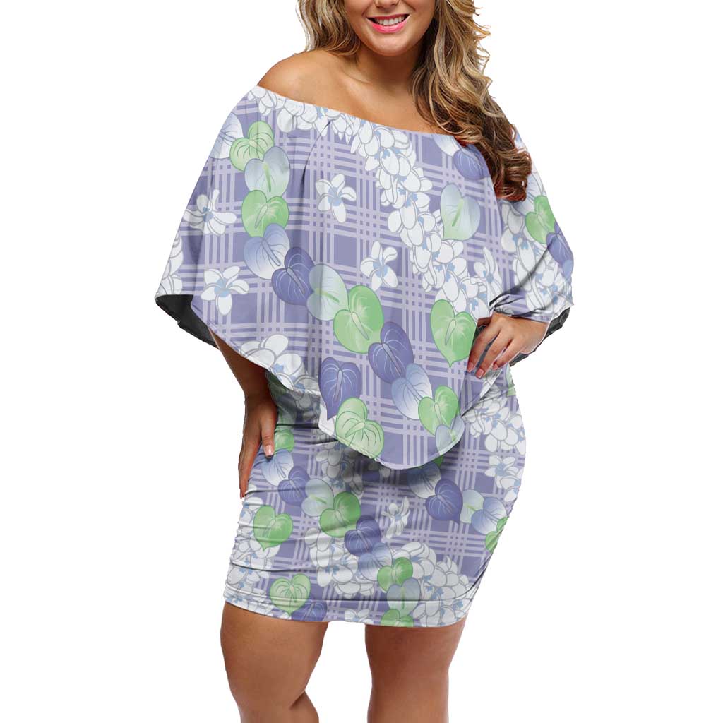 Anthurium Plumeria Lei Pastel Off Shoulder Short Dress Purple Hawaiian Splendid Palaka LT01 Women Purple - Polynesian Pride